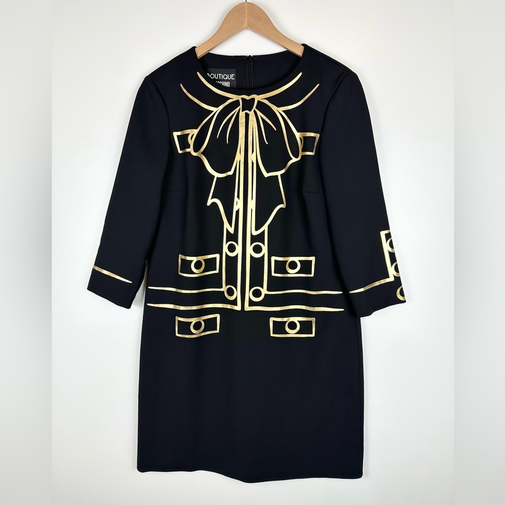 Moschino Black Mini Dress with Gold Bow Graphic